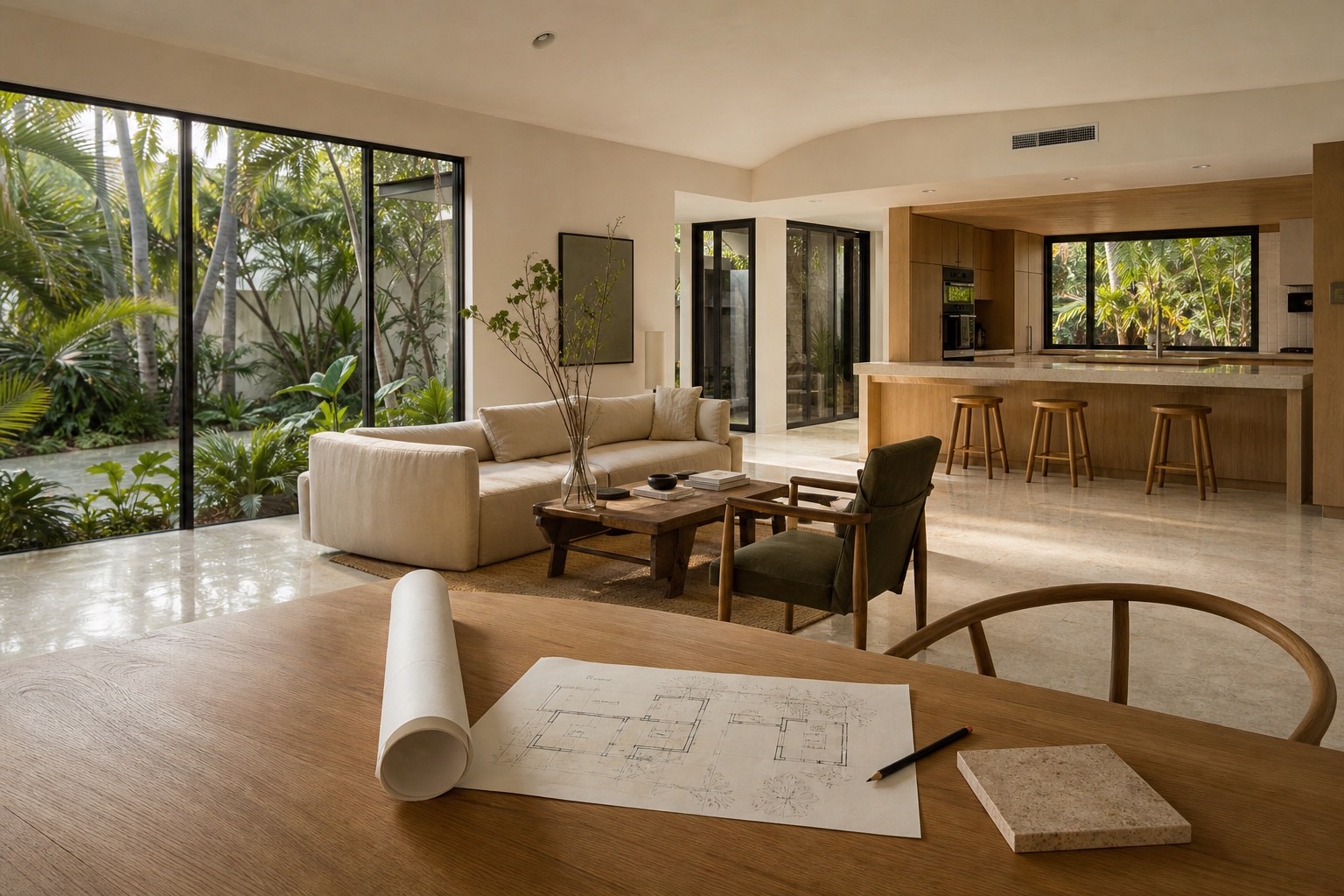 Interior residencial con plano para estudiar uso, reforma y demanda de renta