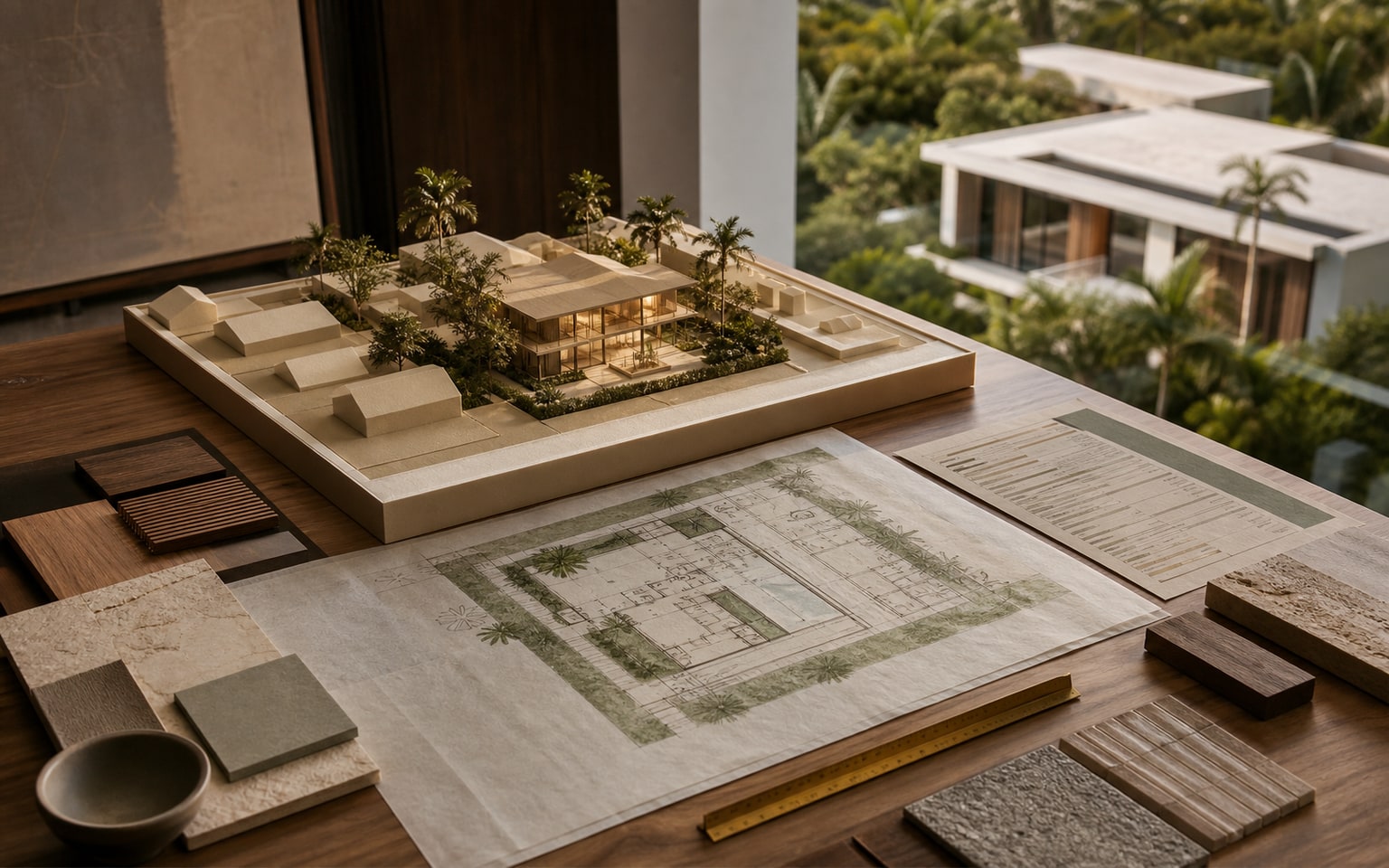 Mesa de estrategia con maqueta residencial, plano arquitectónico y análisis de inversión en Miami
