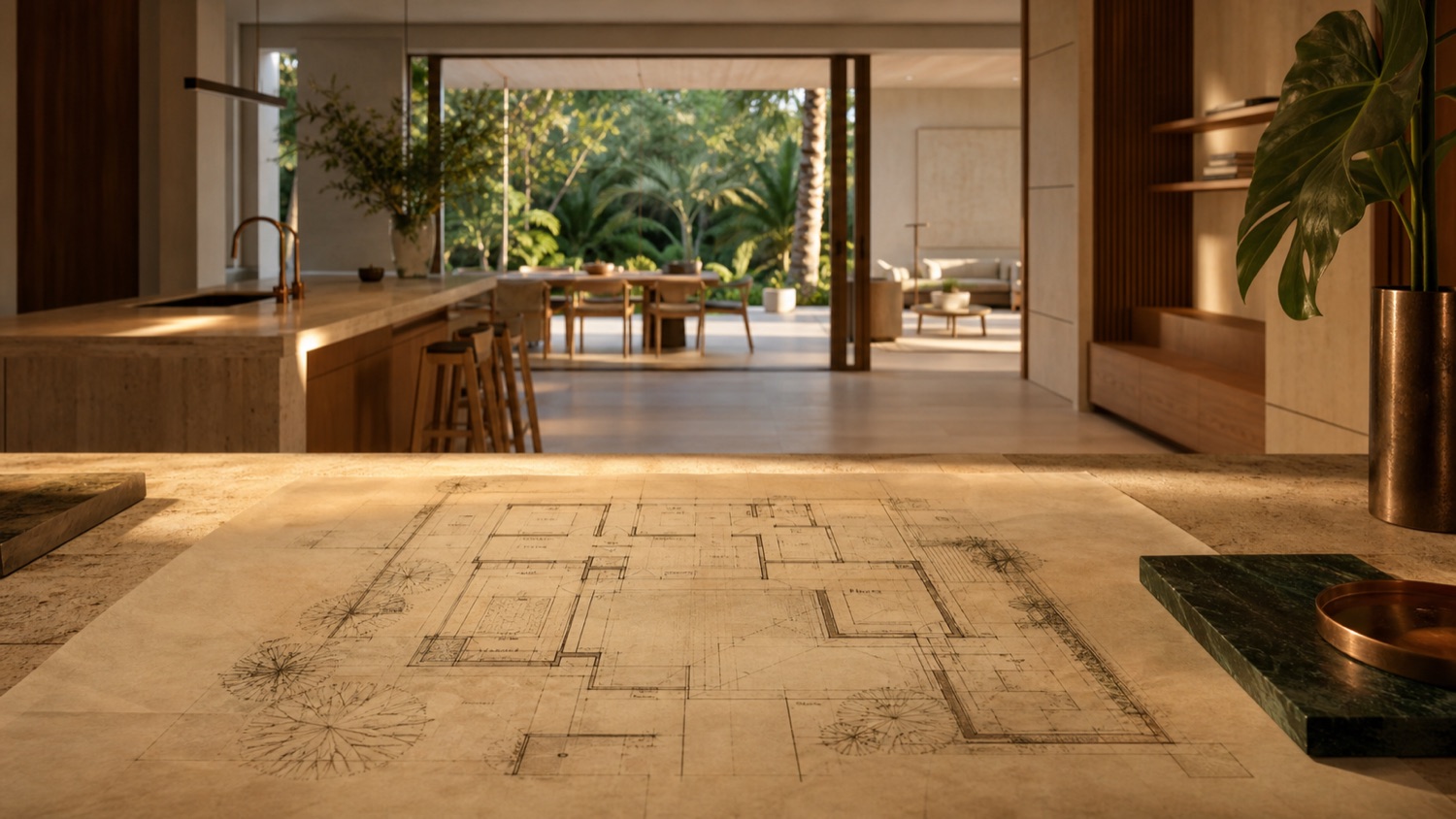 Plano arquitectónico conectado con un interior residencial cálido y contemporáneo