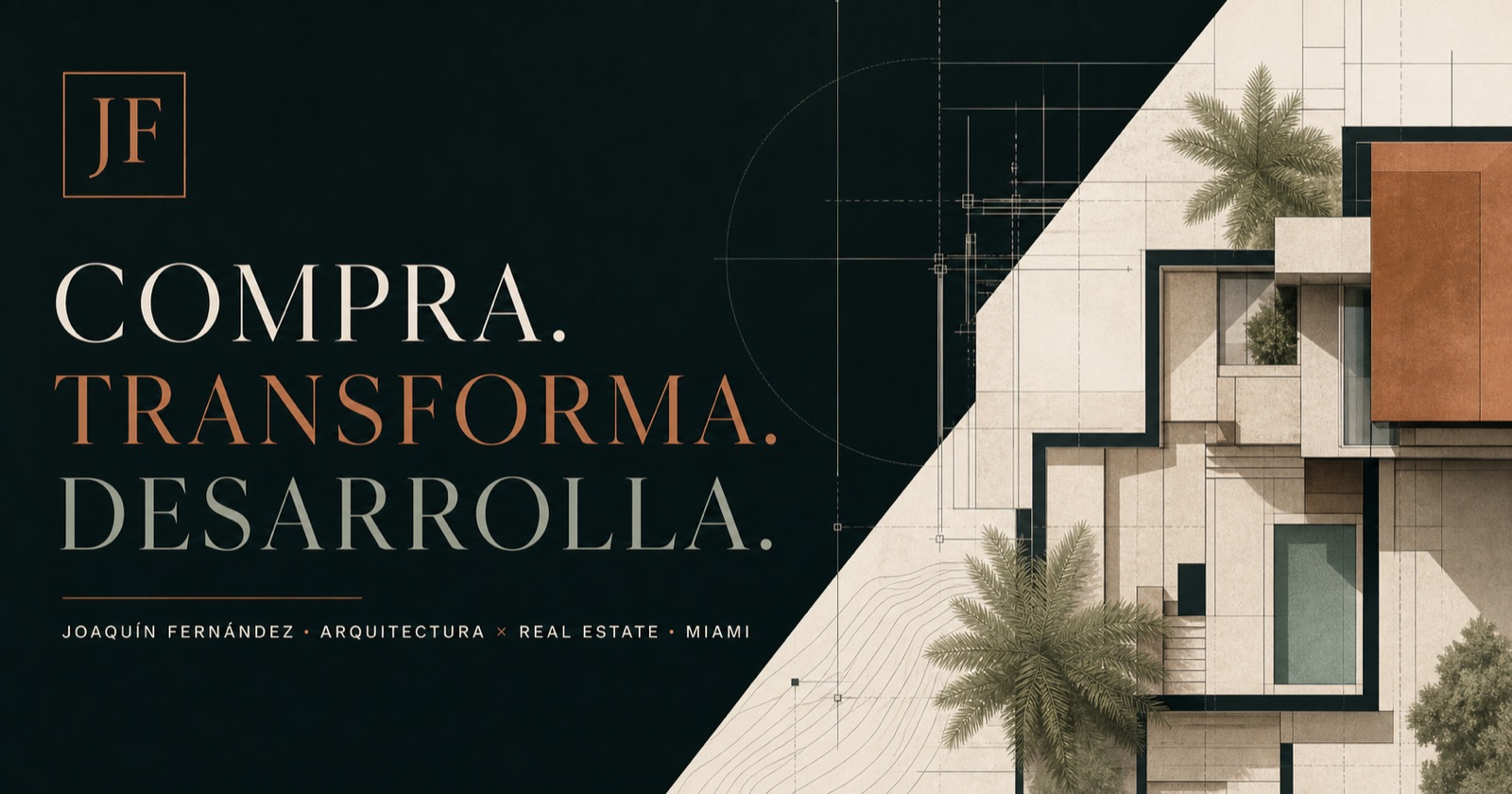 Composición arquitectónica de Miami con el mensaje Compra, Transforma, Desarrolla