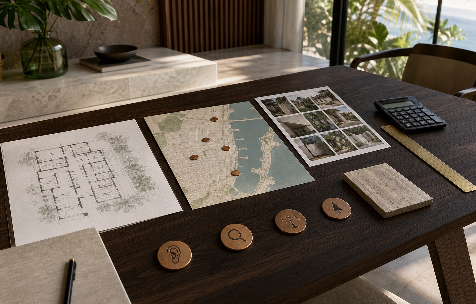 Mesa de análisis inmobiliario con plano, mapa, comparables, calculadora y cuatro etapas del método