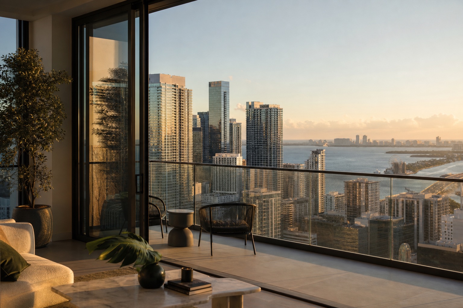 Editorial visualization of a contemporary condominium overlooking Brickell, Downtown Miami and Biscayne Bay