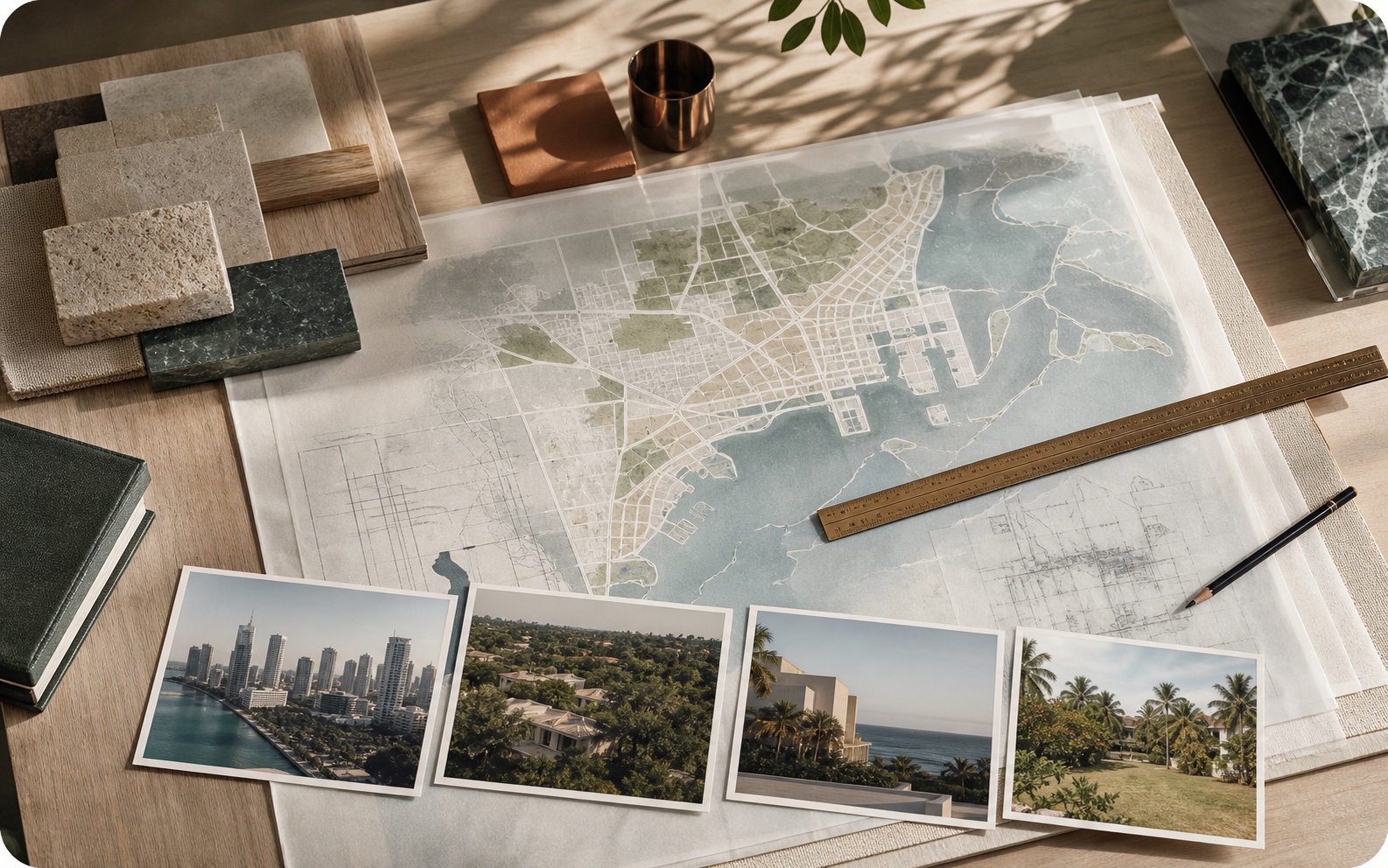 Architectural analysis table with a coastal map, material samples and four Miami residential contexts