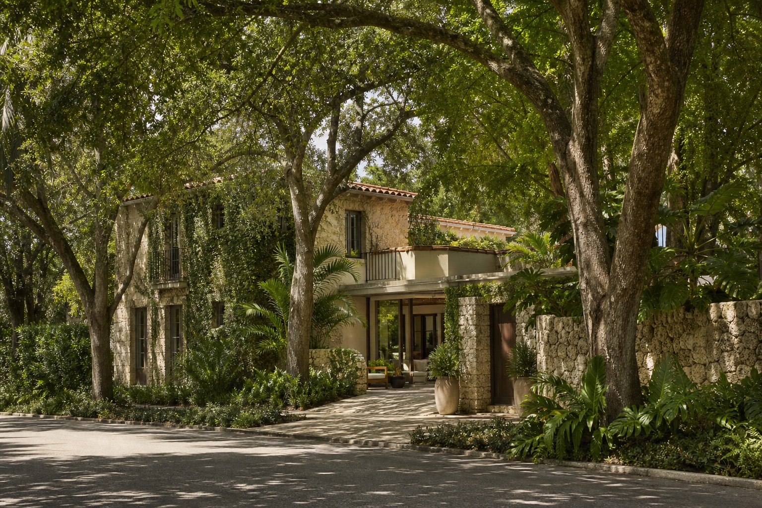 Editorial visualization of a Miami residence under mature trees evoking Coral Gables and Coconut Grove