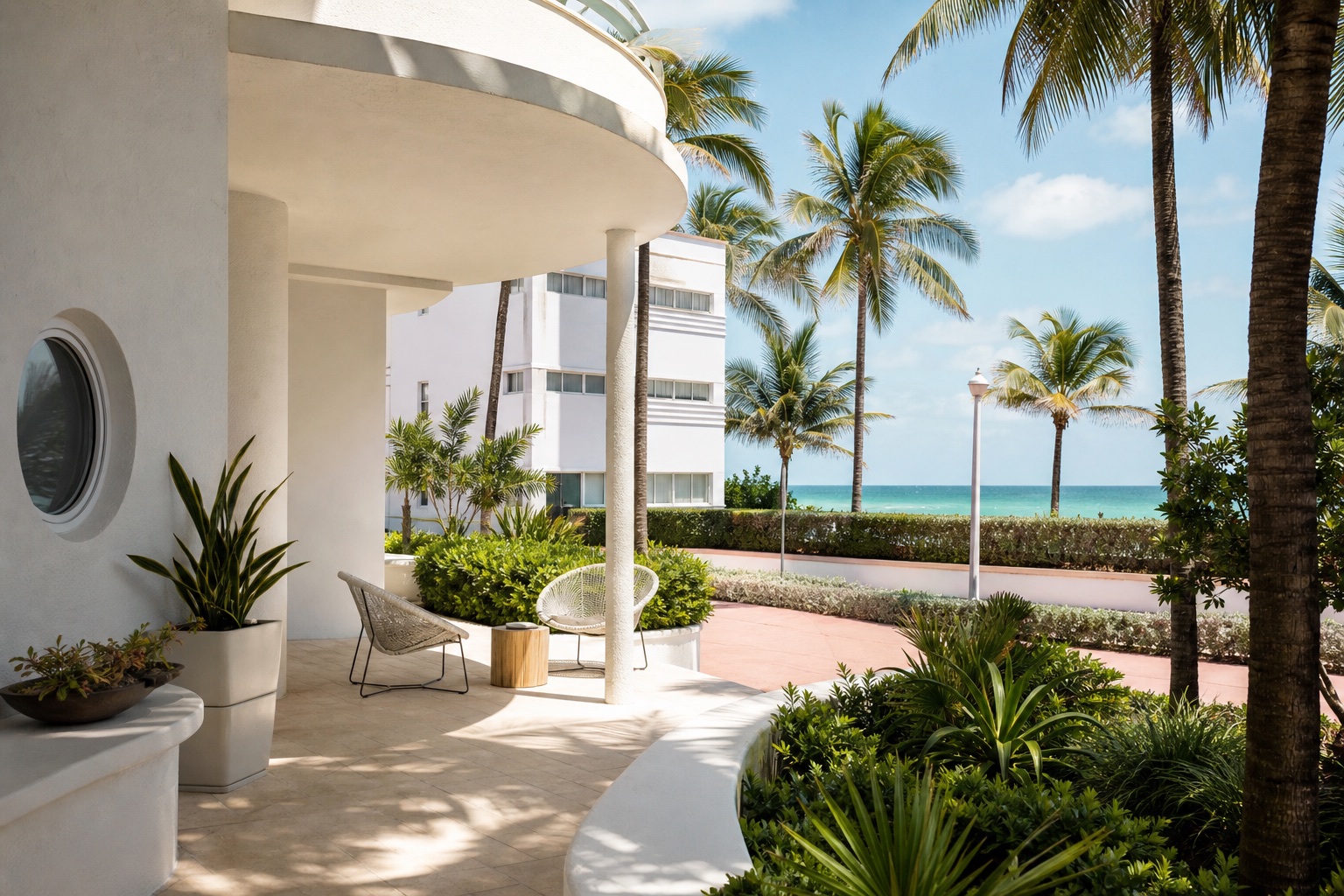 Editorial visualization of Art Deco inspired coastal architecture facing the ocean in Miami Beach