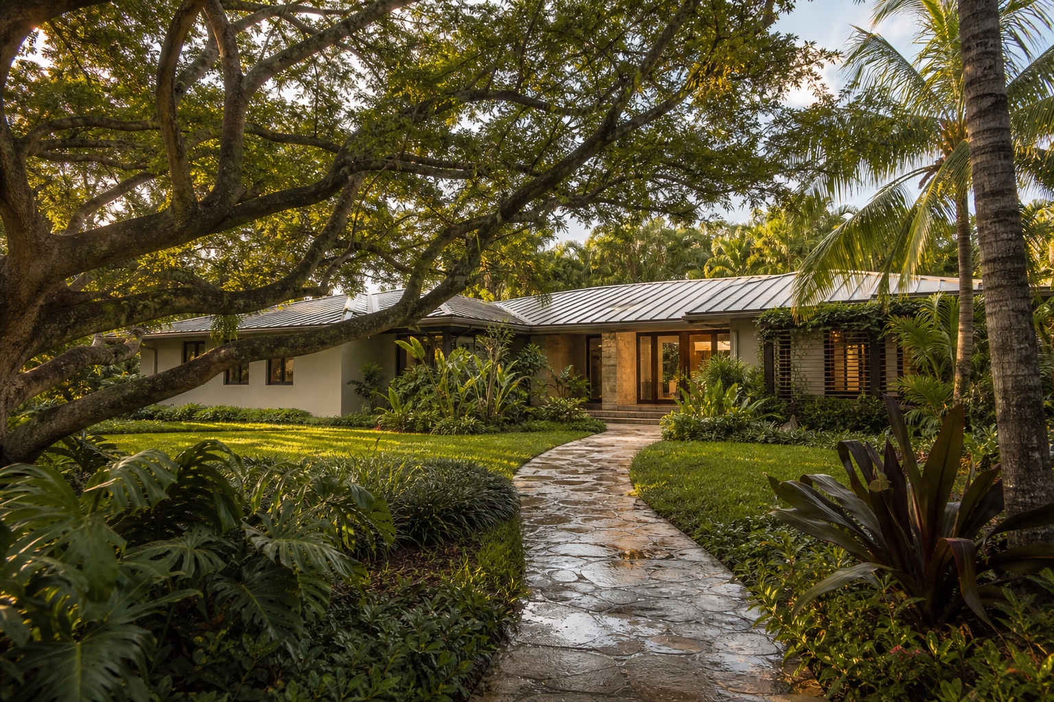 Editorial visualization of a low home within a large tropical garden evoking South Miami and Pinecrest