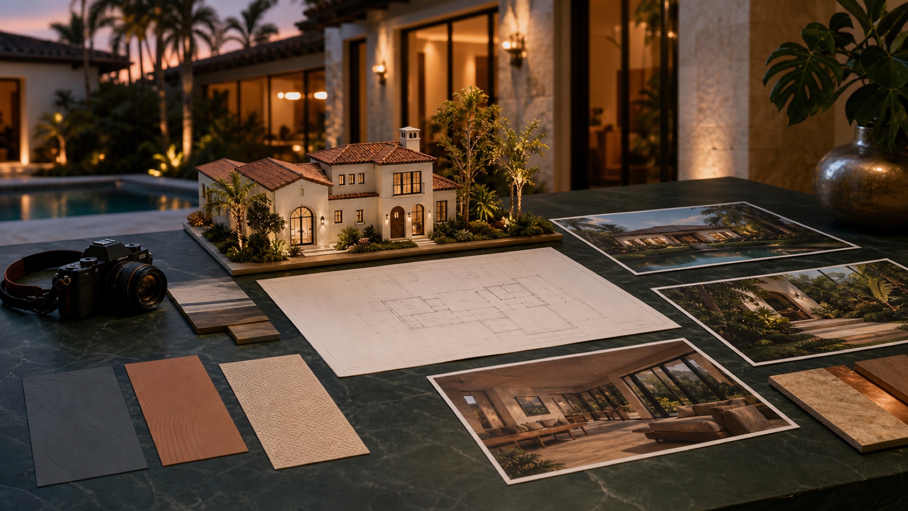 Presentación comercial de una residencia con modelo, planos y fotografía