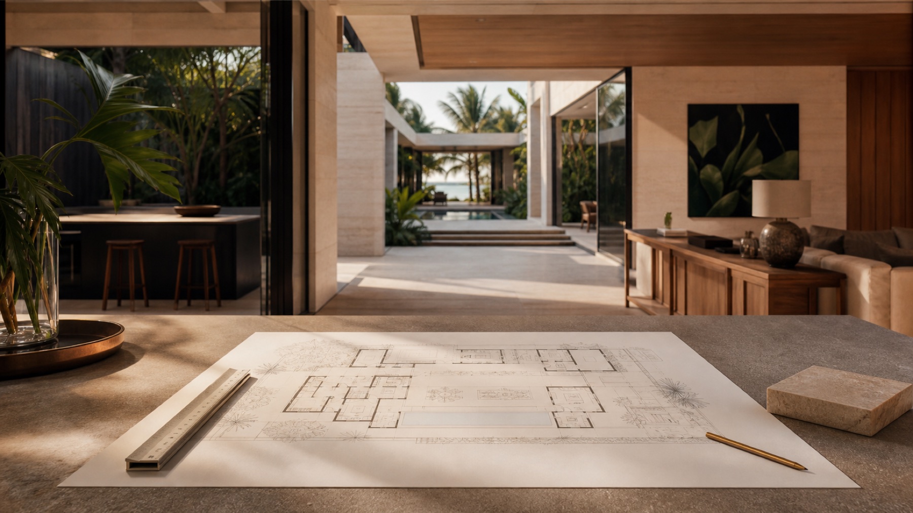 Plano arquitectónico frente a una residencia contemporánea de Miami