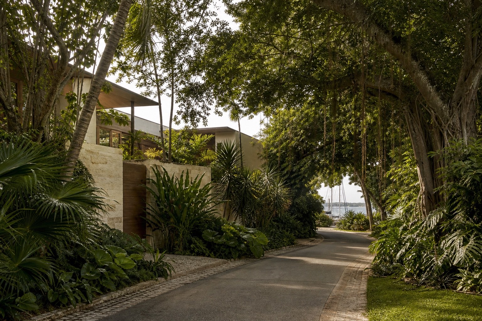 Calle residencial tropical junto a la bahía en Coconut Grove