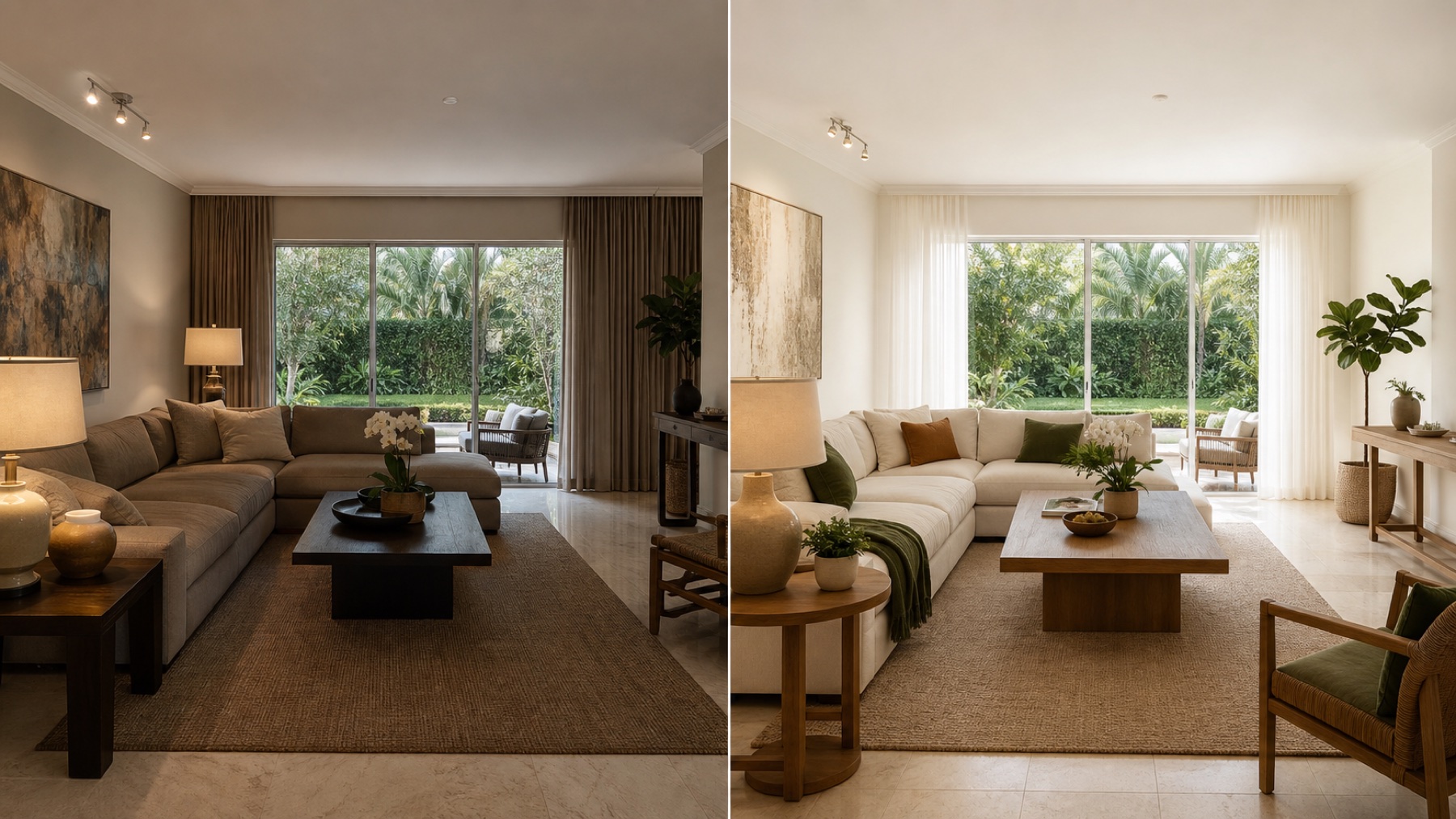 Comparación visual de una sala antes y después de su preparación